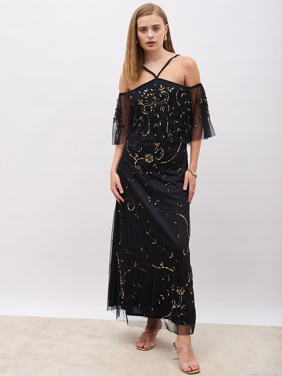 Embellished Halter Neck Cape Sleeve Mermaid Maxi Dress