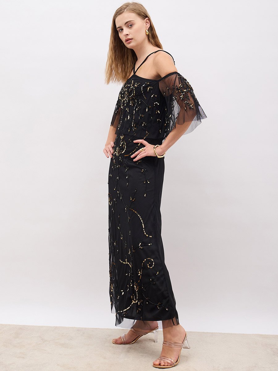 Embellished Halter Neck Cape Sleeve Mermaid Maxi Dress