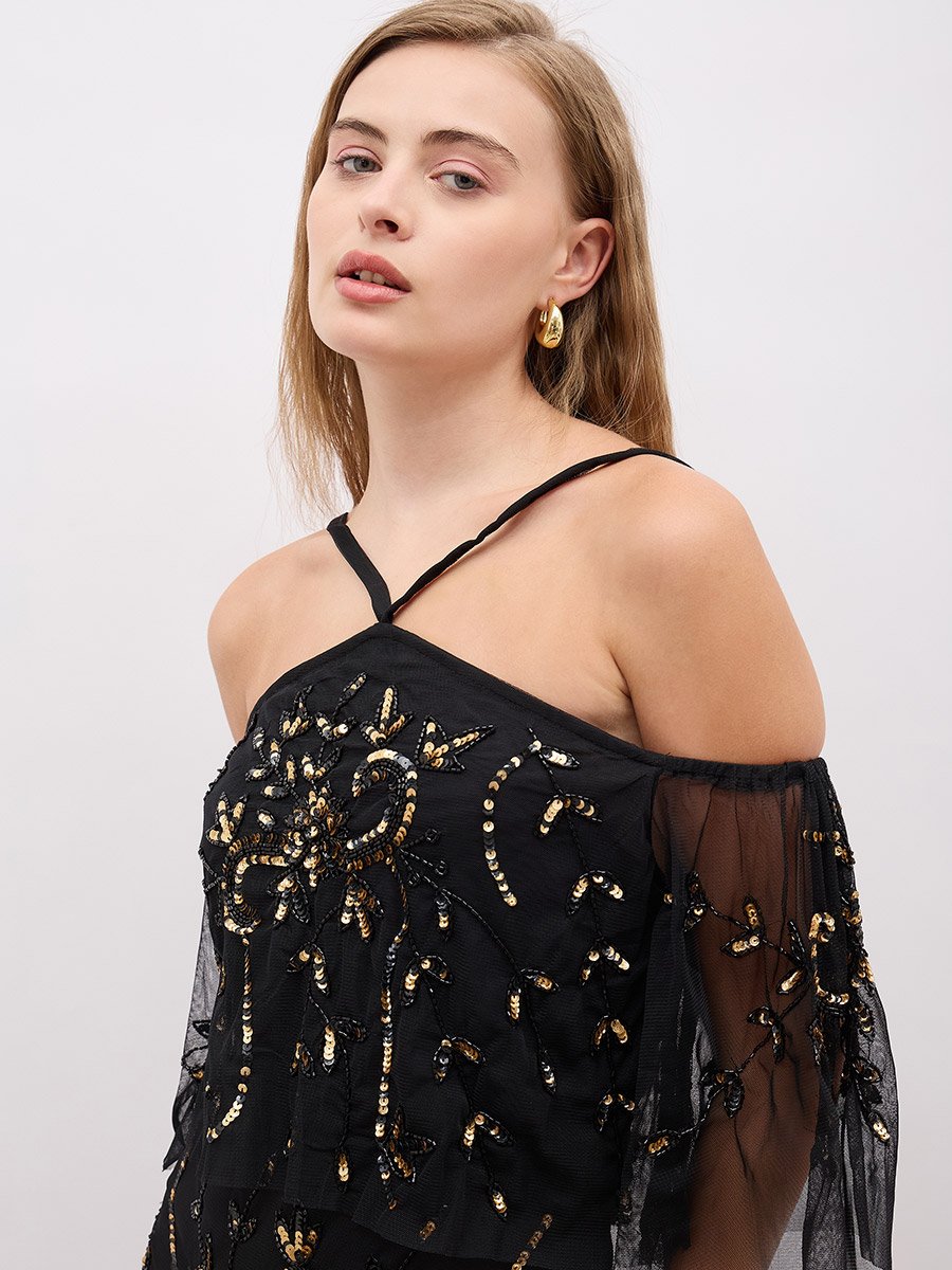 Embellished Halter Neck Cape Sleeve Mermaid Maxi Dress