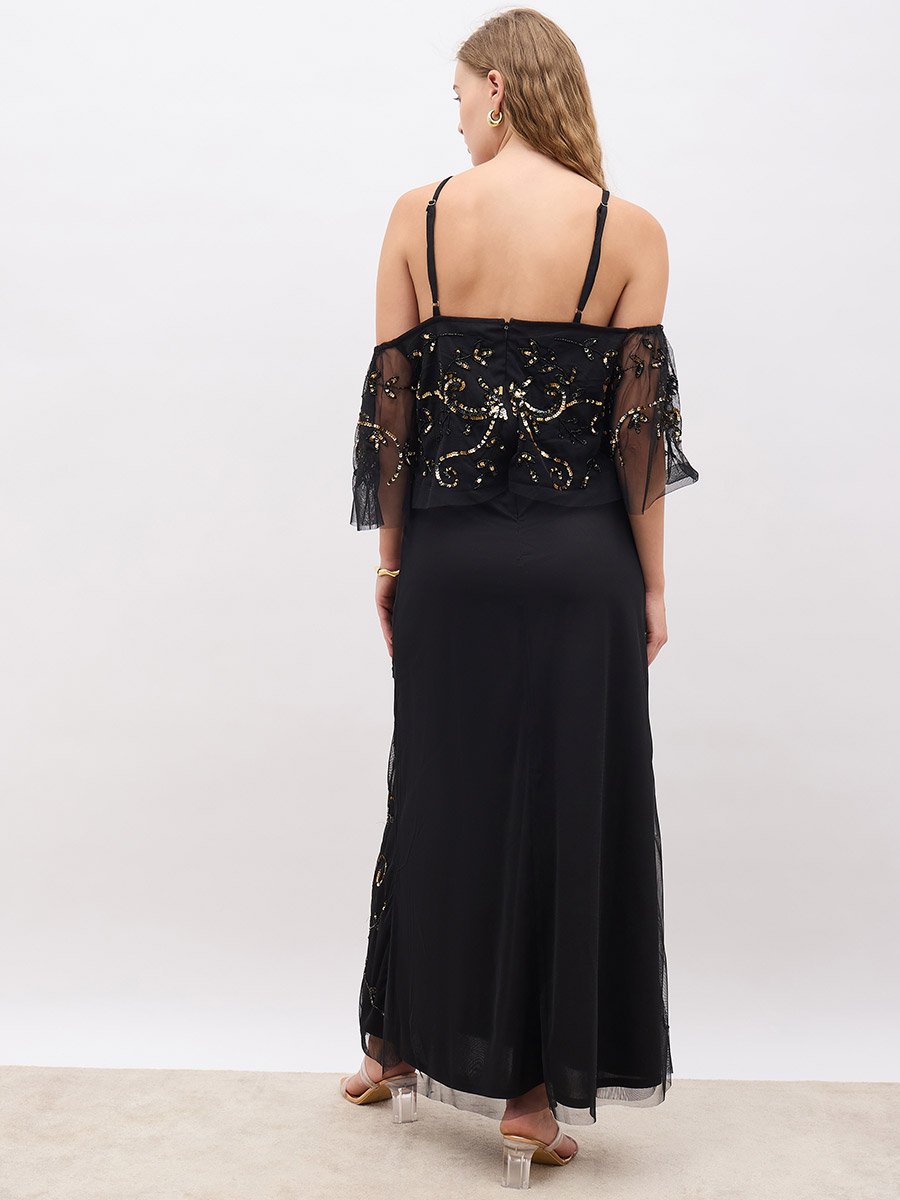Embellished Halter Neck Cape Sleeve Mermaid Maxi Dress