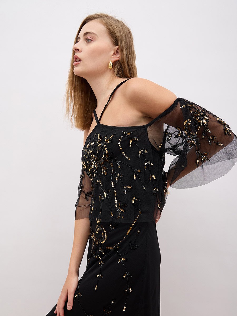 Embellished Halter Neck Cape Sleeve Mermaid Maxi Dress