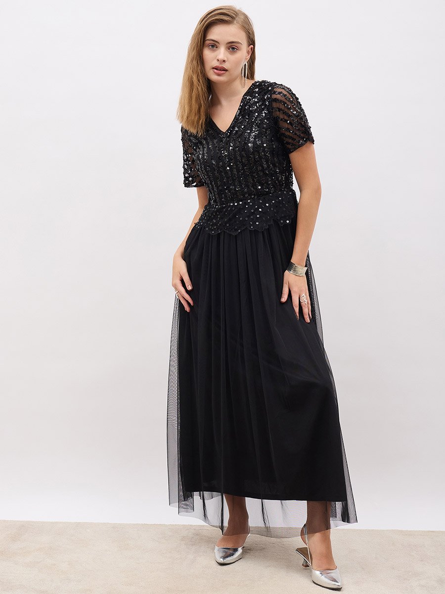 Sequin Embellished Short Sleeves A-Line Maxi Dress