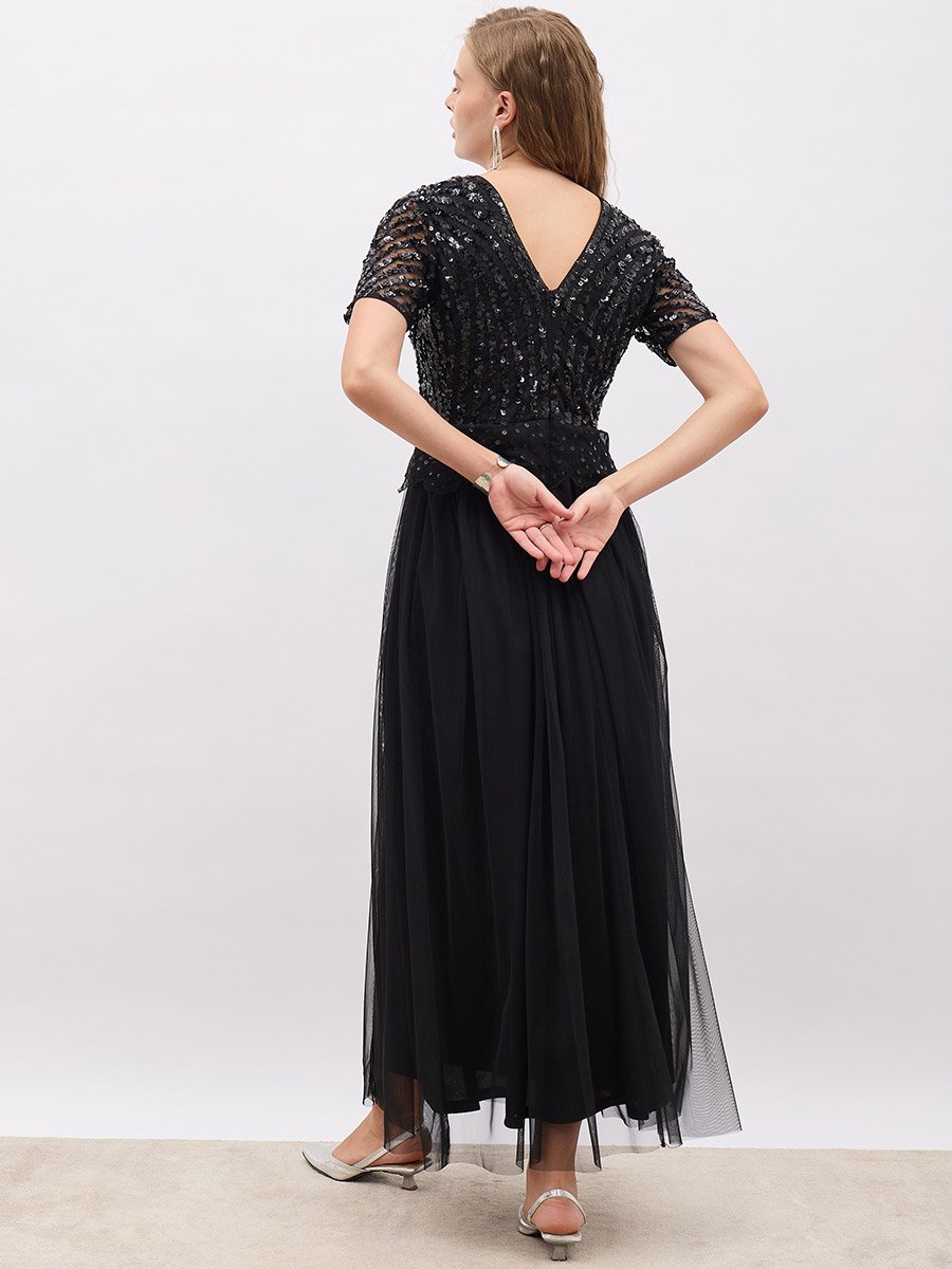 Sequin Embellished Short Sleeves A-Line Maxi Dress