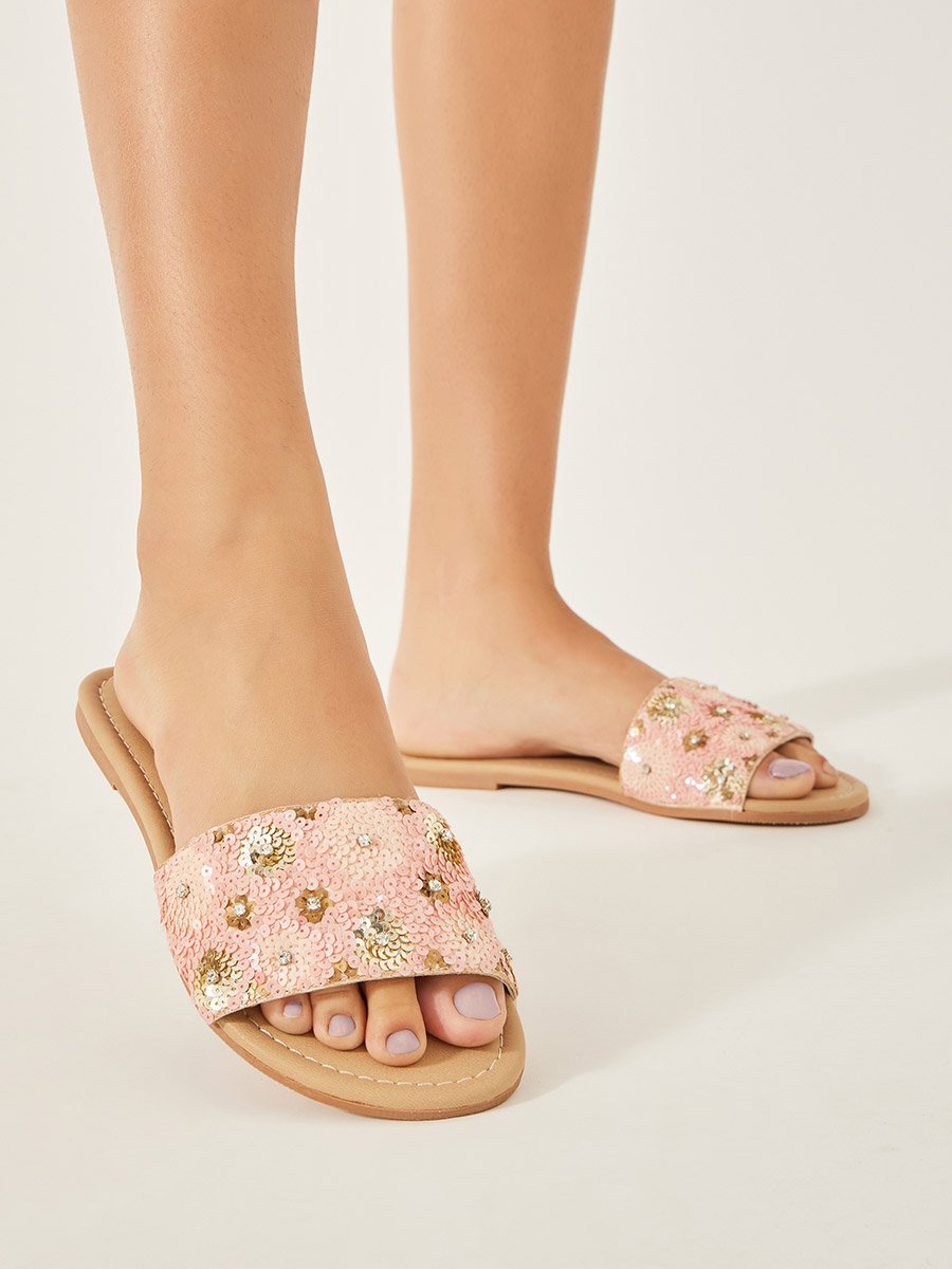 Embellished Sequins Flat Sandals