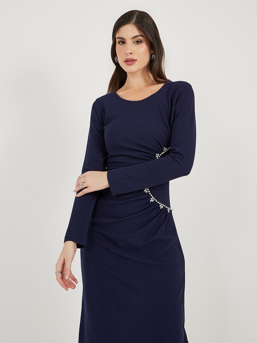 Embellished Long Sleeves Sheath Midi Dress with Gathered Detail