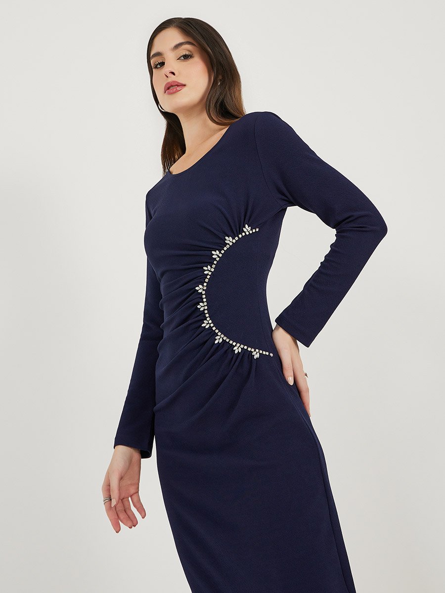 Embellished Long Sleeves Sheath Midi Dress with Gathered Detail