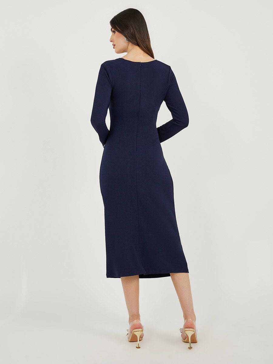 Embellished Long Sleeves Sheath Midi Dress with Gathered Detail