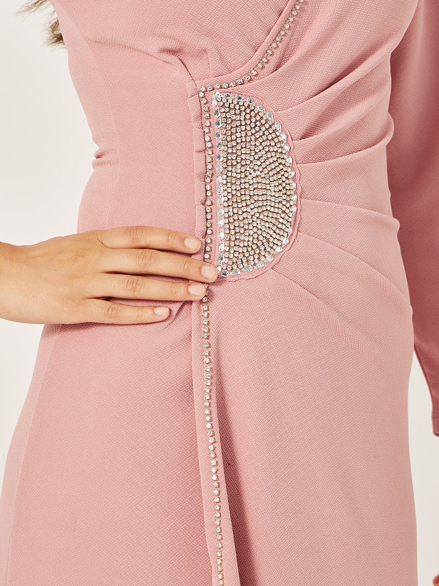 Embellished V-Neck Wrap Midi Dress with Gathered Detail
