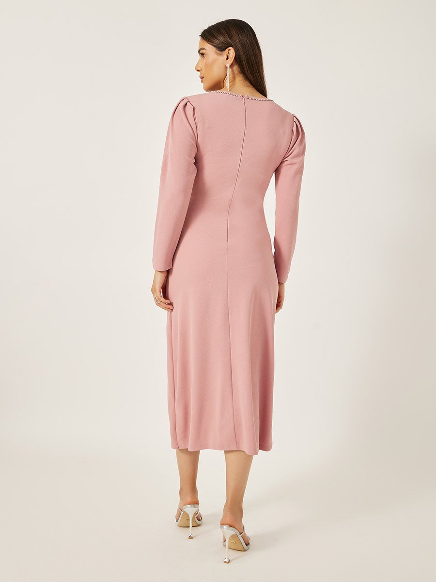 Embellished V-Neck Wrap Midi Dress with Gathered Detail