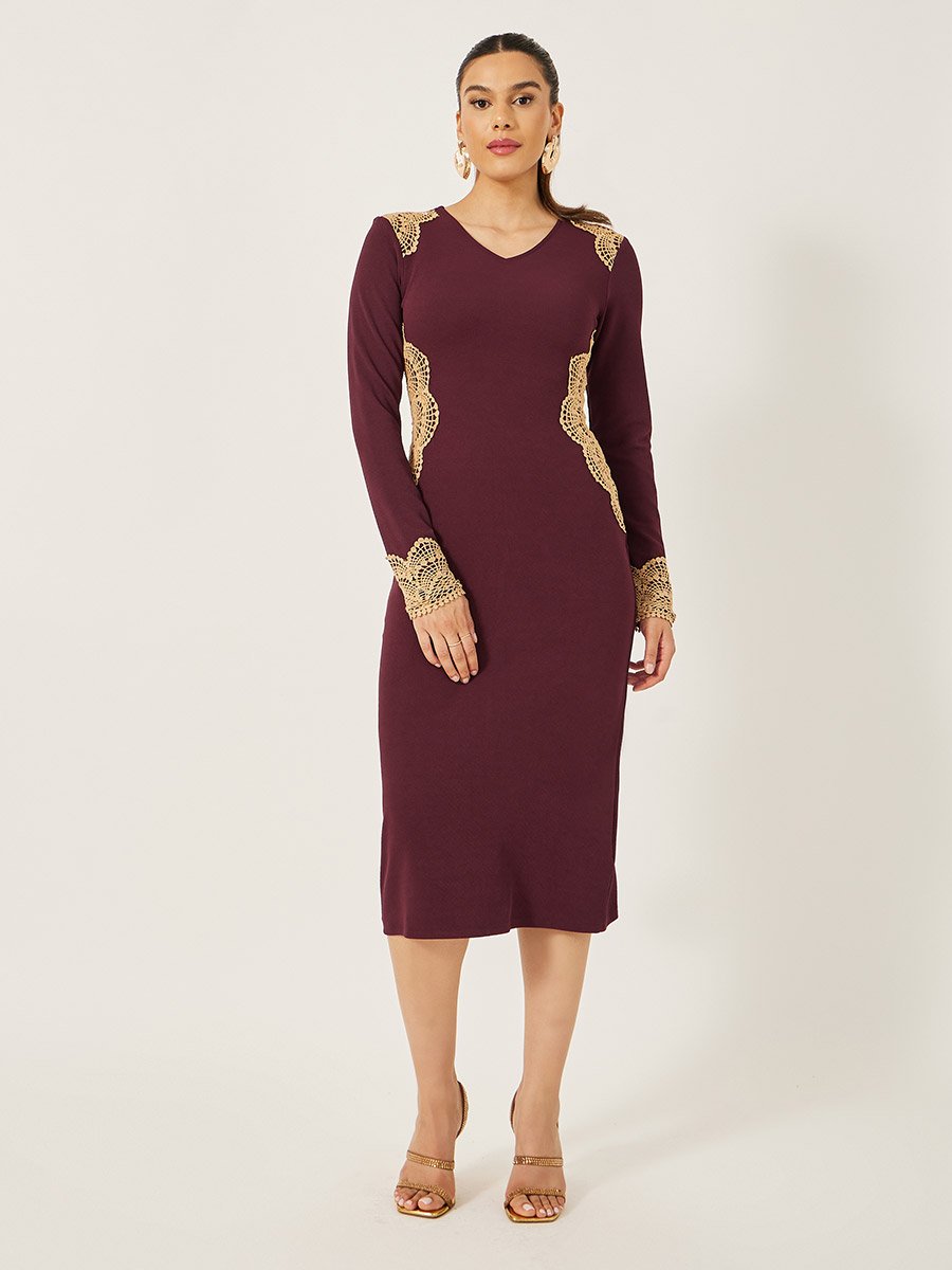 Lace Detail V-Neck Bodycon Midi Dress