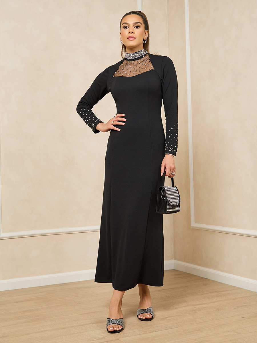 Embellished Mesh Insert Hight Neck Sheath Maxi Dress