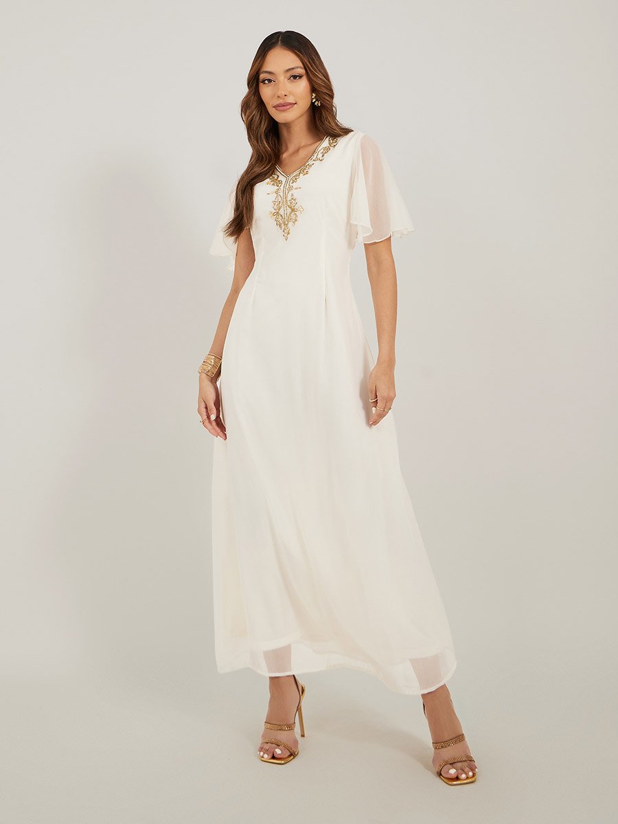 Embellished Short Sleeves A-Line Maxi Dress