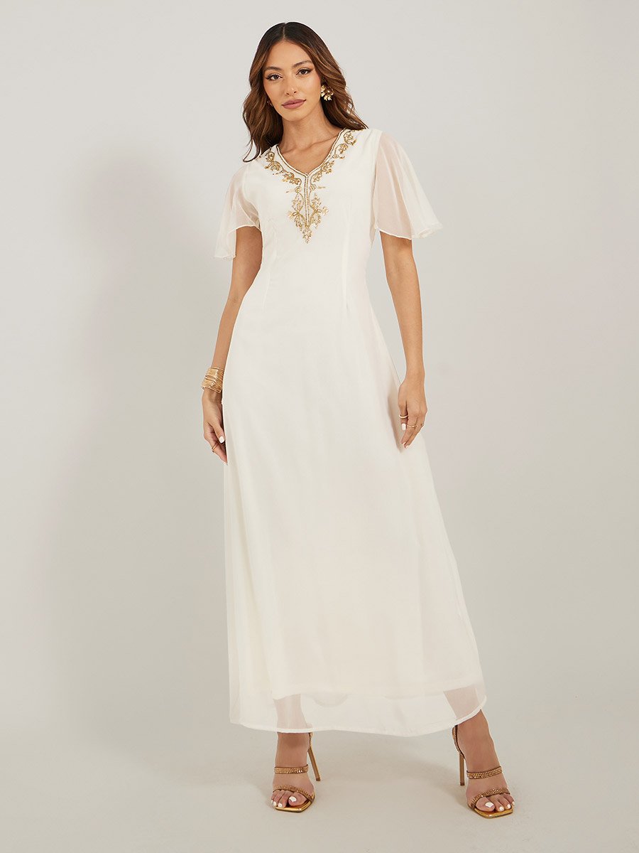 Embellished Short Sleeves A-Line Maxi Dress