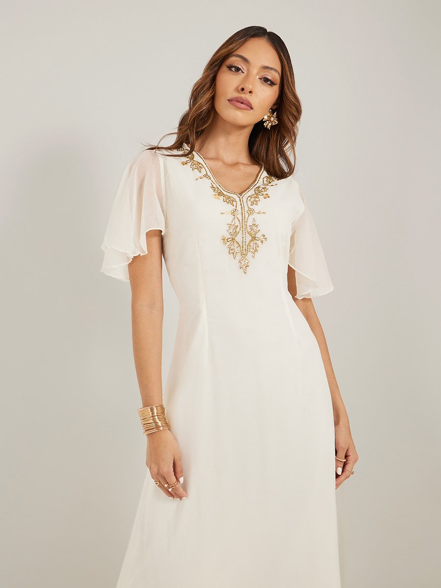 Embellished Short Sleeves A-Line Maxi Dress