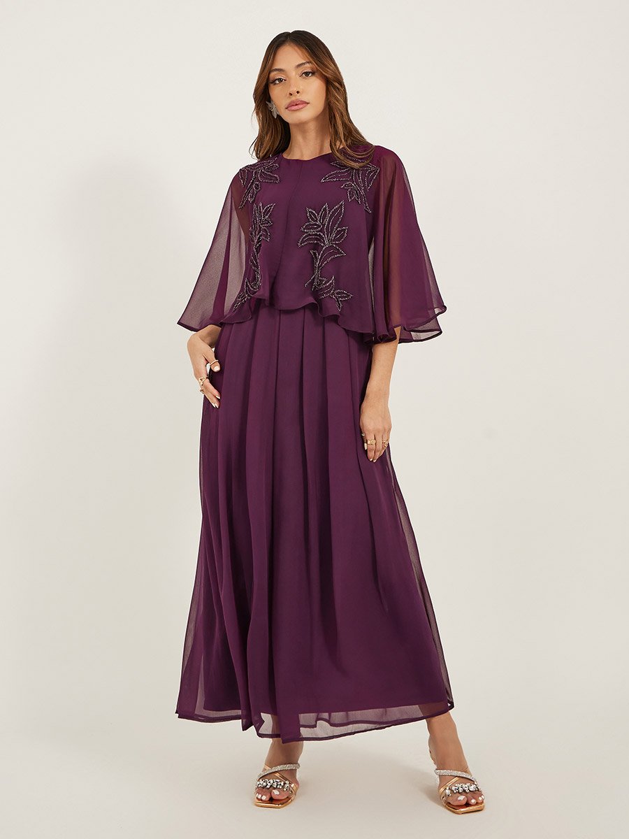 Embellished Cape Sleeves A-Line Maxi Dress