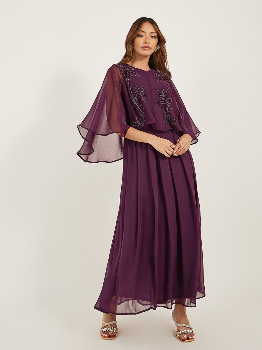 Embellished Cape Sleeves A-Line Maxi Dress