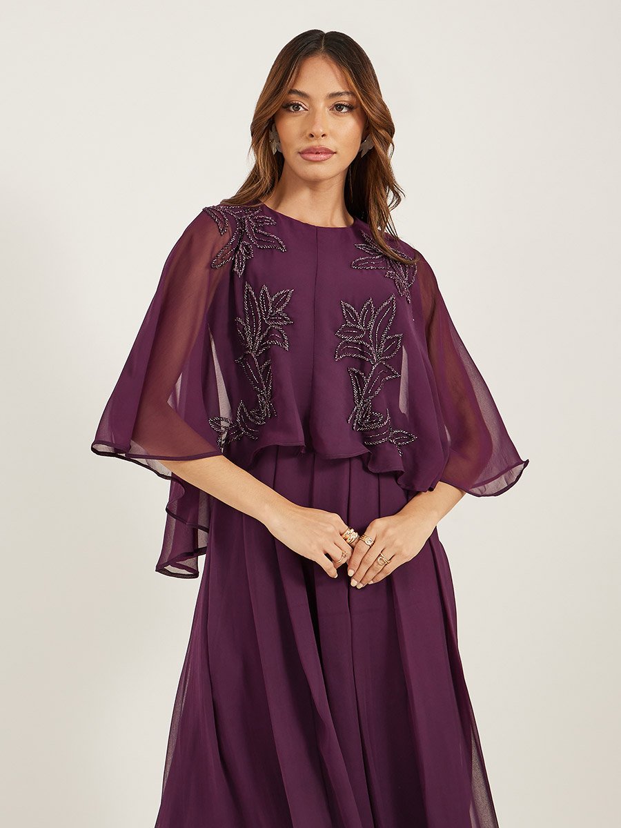Embellished Cape Sleeves A-Line Maxi Dress