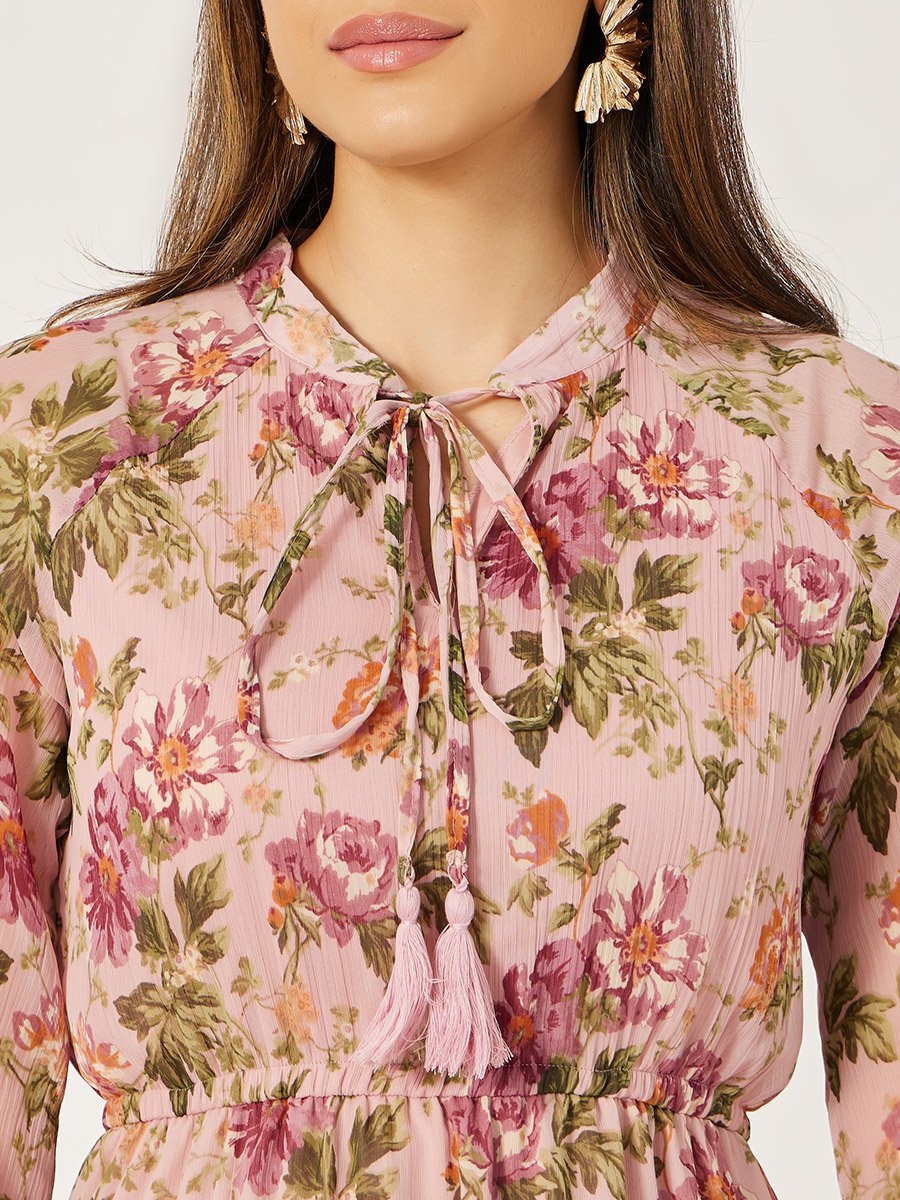Floral Print A-Line Maxi Dress with Tie-Up Neck Detail