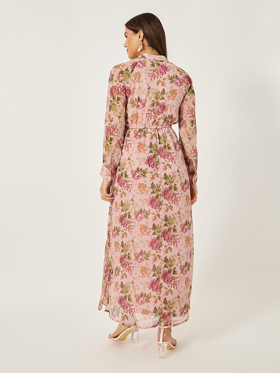 Floral Print A-Line Maxi Dress with Tie-Up Neck Detail