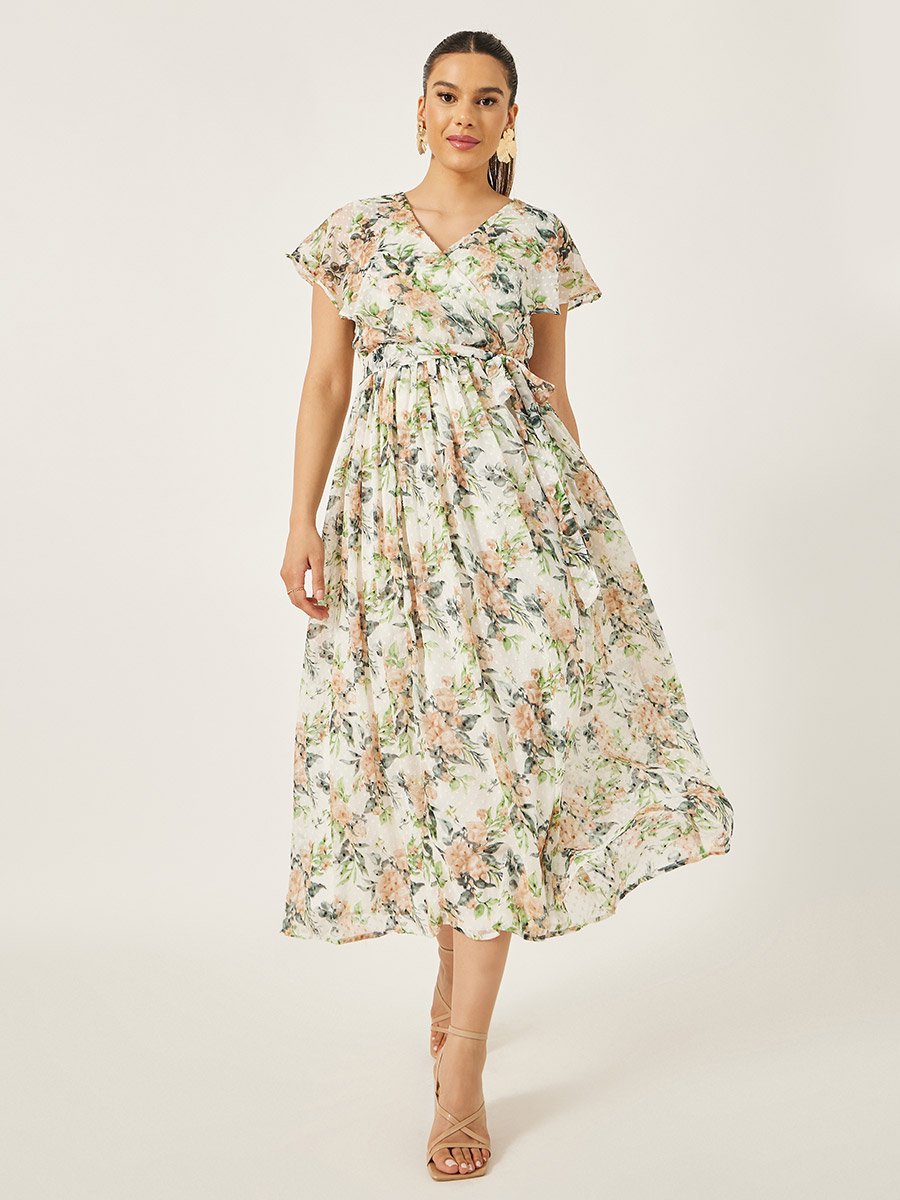 Textured Dobby Printed V-Neck A-Line Maxi Dress