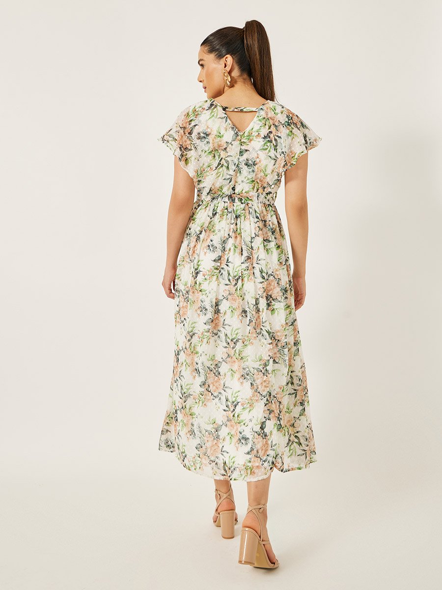 Textured Dobby Printed V-Neck A-Line Maxi Dress