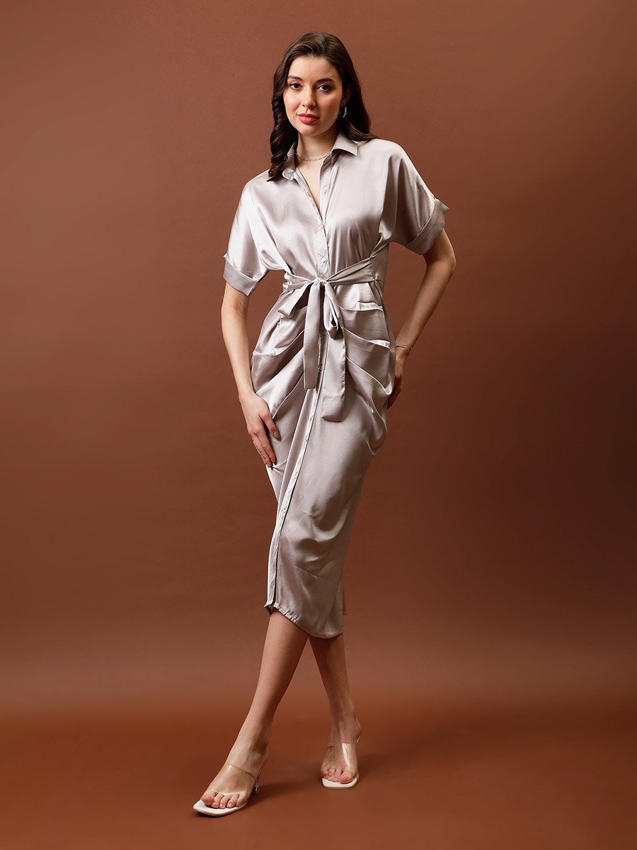 Satin Shirt Midi Dress with Pleated Detail For Default Category at Saudi | Styli Satin Shirt Midi Dress with Pleated Detail For Default Category at Saudi | Styli