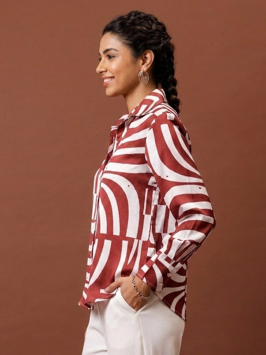 Rust Printed Long Sleeve Satin Shirt