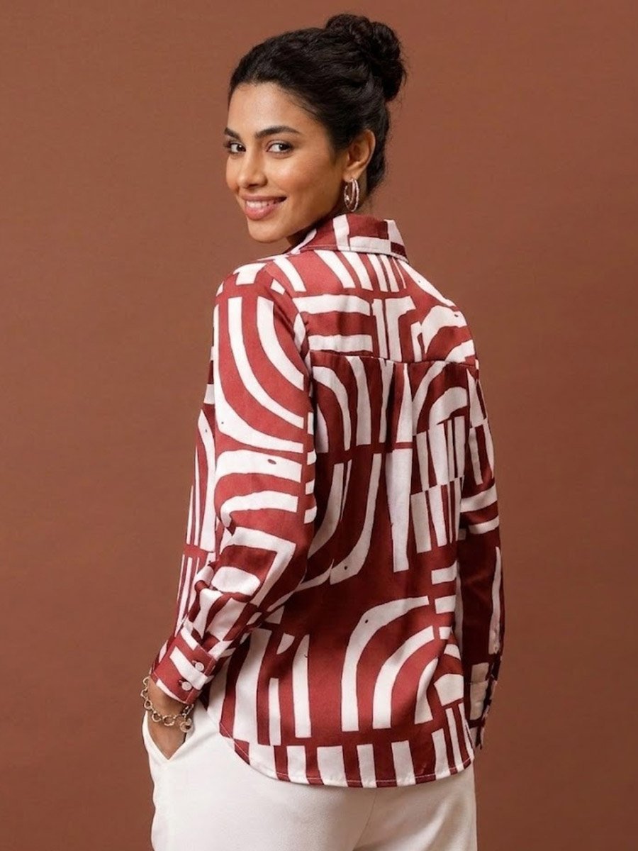 Rust Printed Long Sleeve Satin Shirt