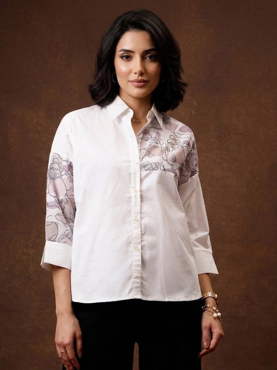 White Printed Shirt with 3/4 Sleeve