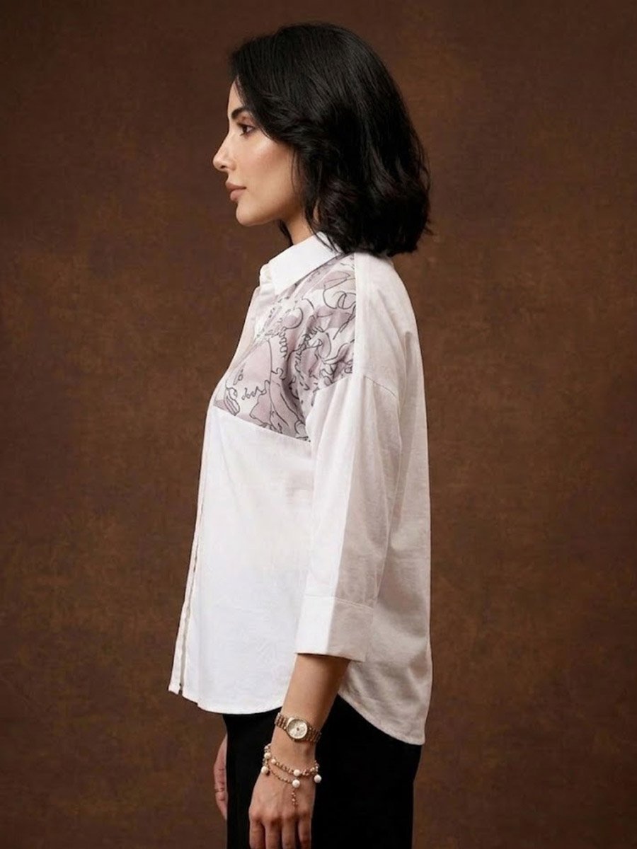 White Printed Shirt with 3/4 Sleeve