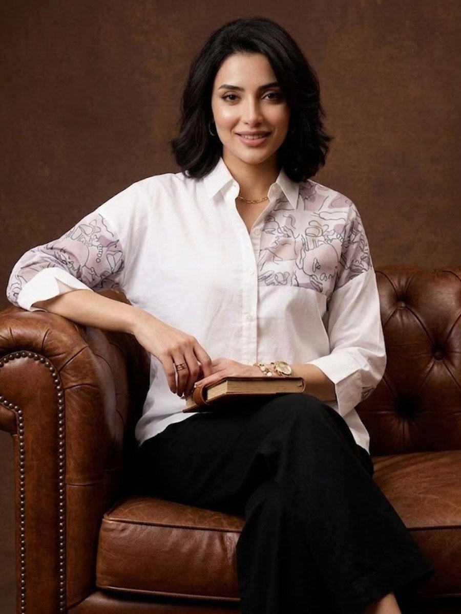 White Printed Shirt with 3/4 Sleeve