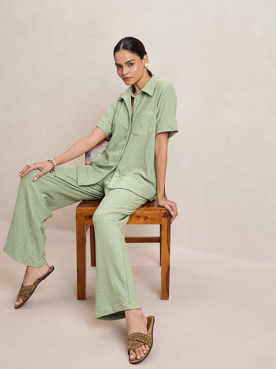 Knitted Schiffli Button Down Longline Shirt