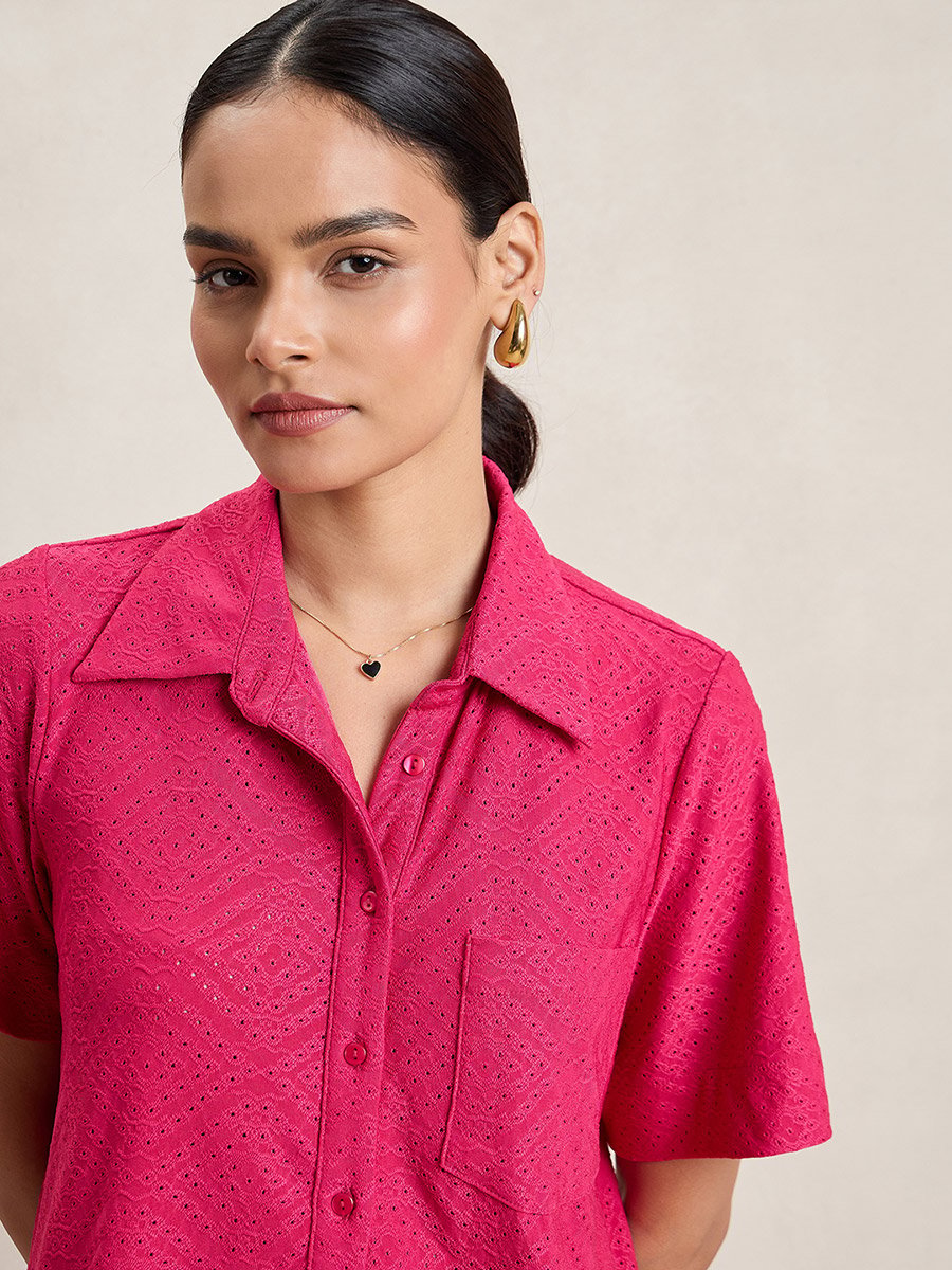 Knitted Schiffli Button Down Longline Shirt