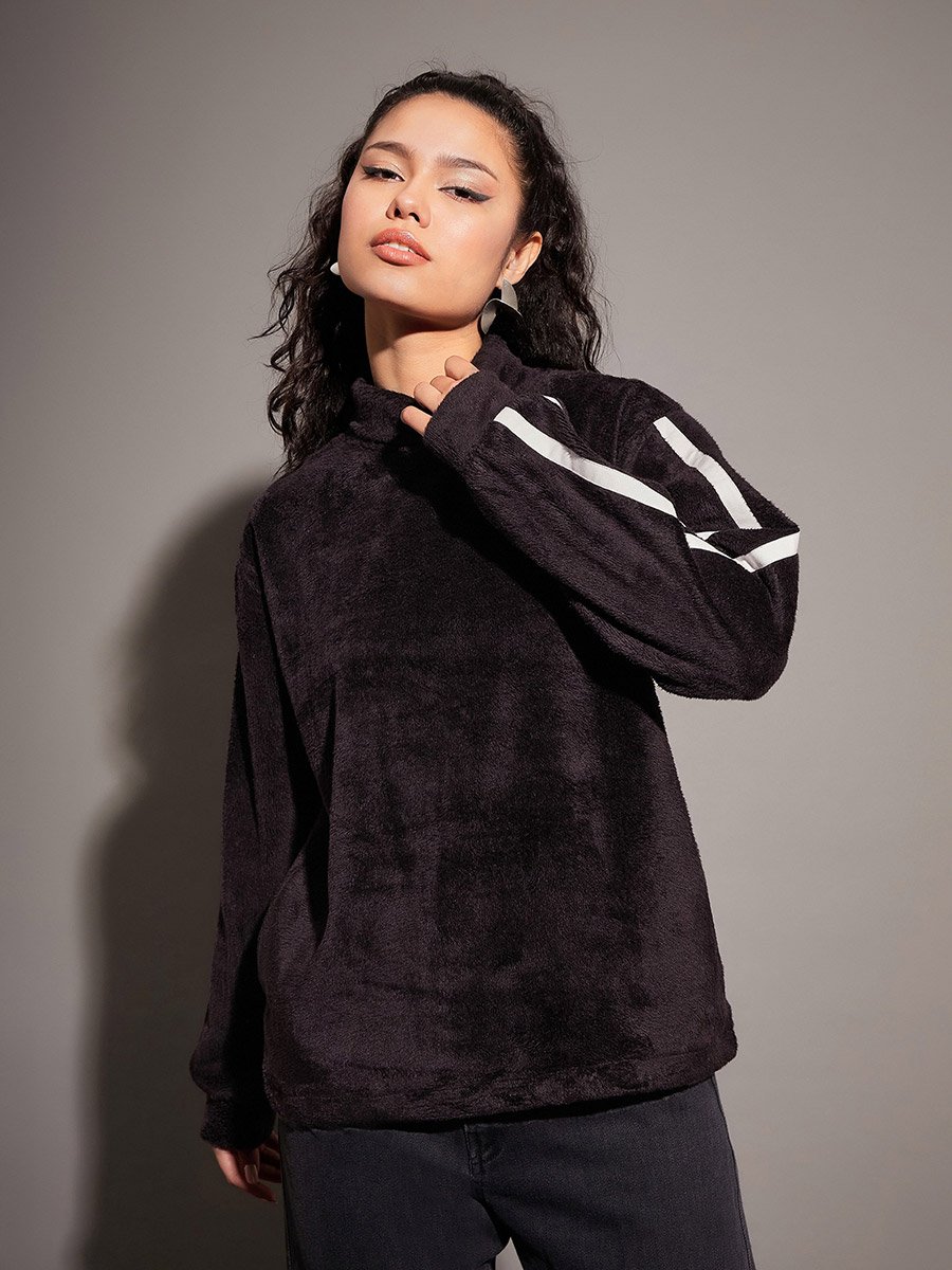 Fleece Faux Fur Contrast Tape High Neck Sweatshirt