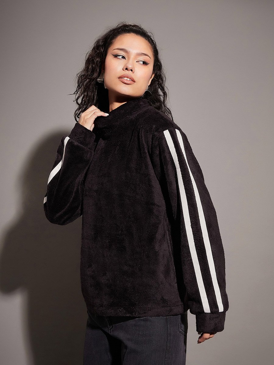 Fleece Faux Fur Contrast Tape High Neck Sweatshirt
