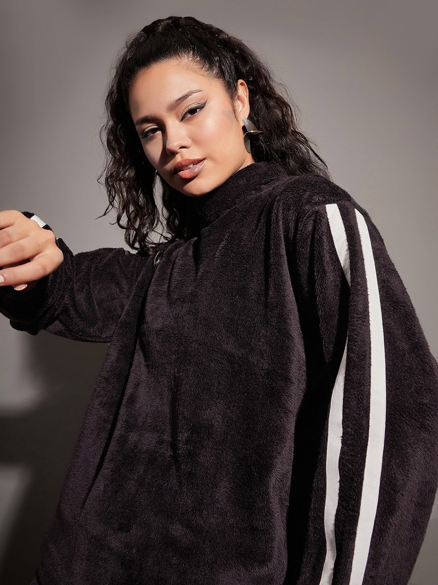 Fleece Faux Fur Contrast Tape High Neck Sweatshirt