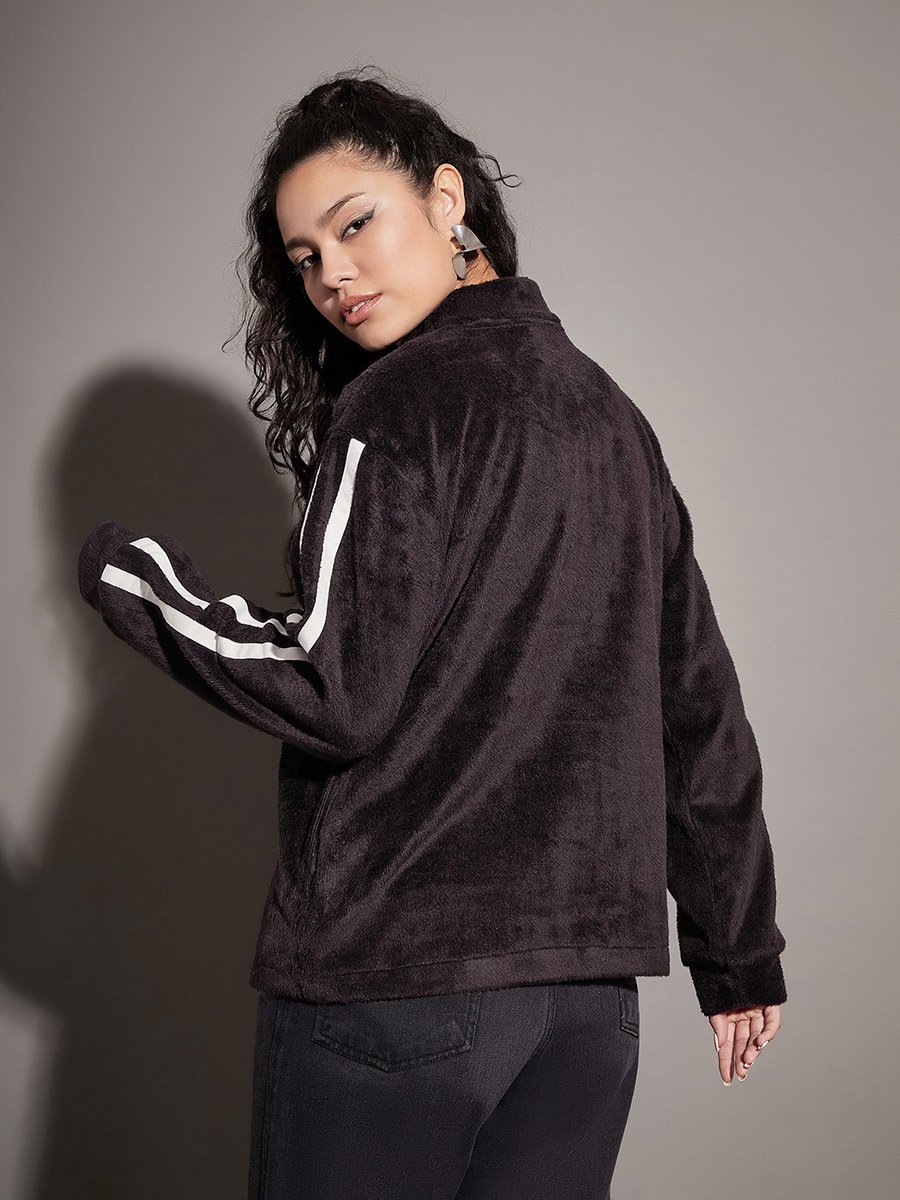 Fleece Faux Fur Contrast Tape High Neck Sweatshirt