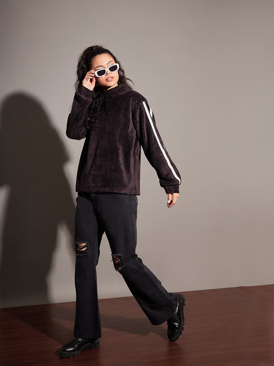 Fleece Faux Fur Contrast Tape High Neck Sweatshirt