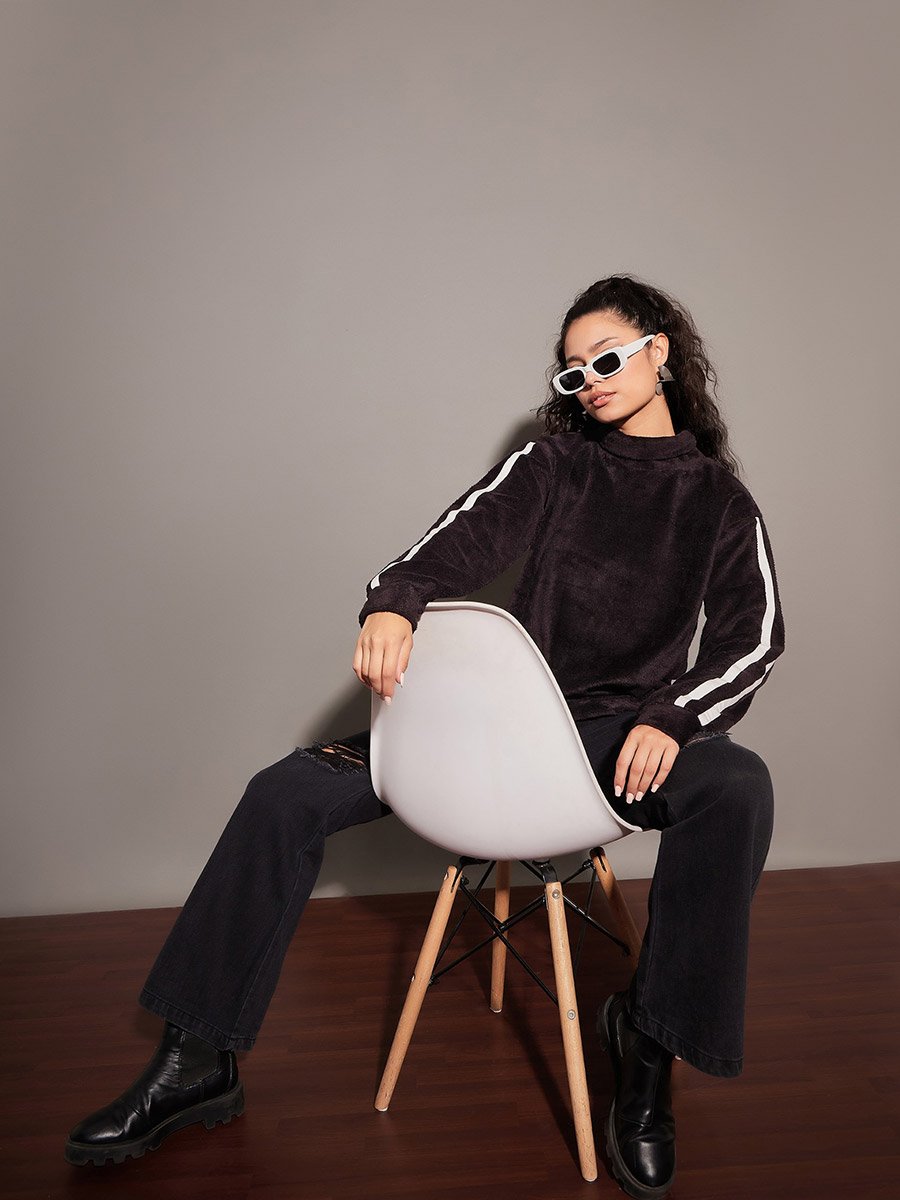 Fleece Faux Fur Contrast Tape High Neck Sweatshirt