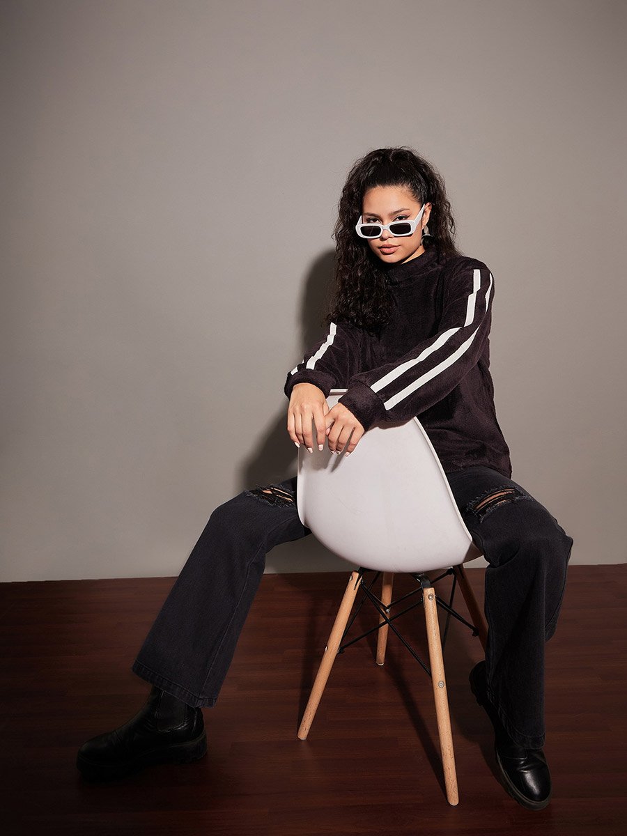 Fleece Faux Fur Contrast Tape High Neck Sweatshirt