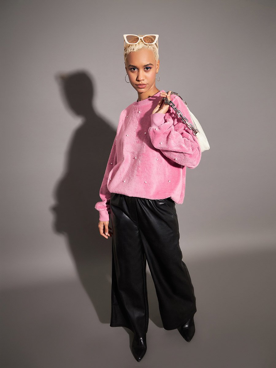 Relaxed Fit Fleece Faux Fur Pearl Stud Sweatshirt