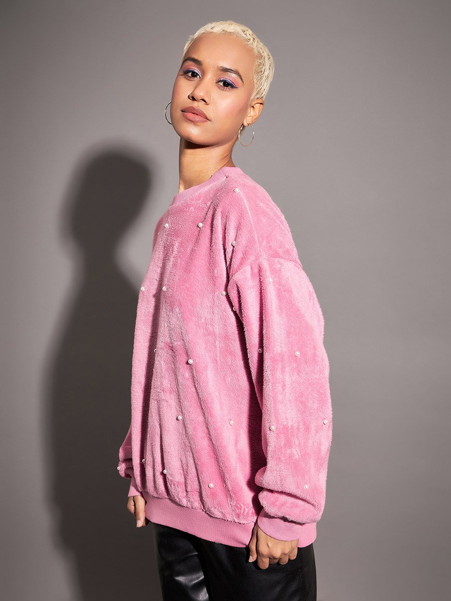 Relaxed Fit Fleece Faux Fur Pearl Stud Sweatshirt