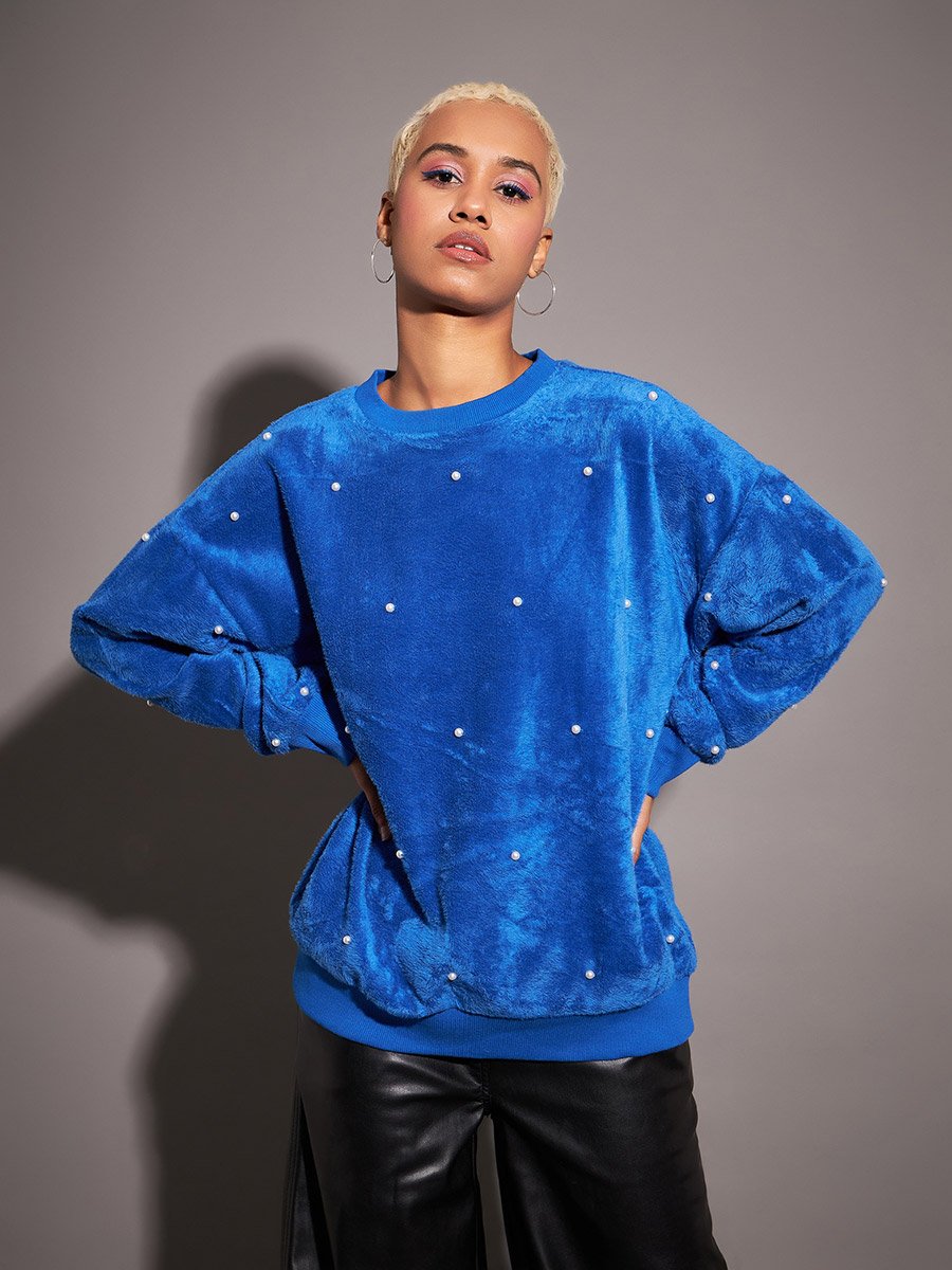 Relaxed Fit Fleece Faux Fur Pearl Stud Sweatshirt