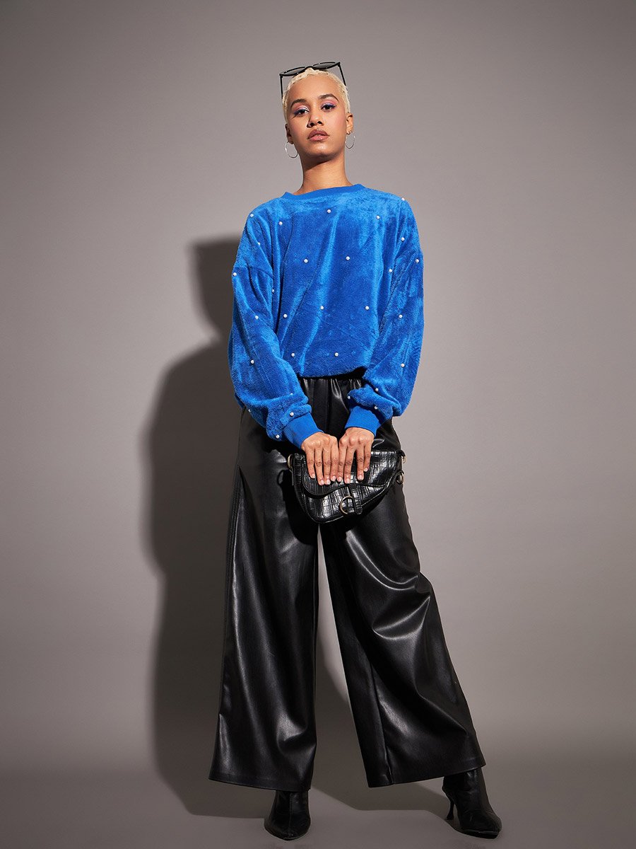 Relaxed Fit Fleece Faux Fur Pearl Stud Sweatshirt