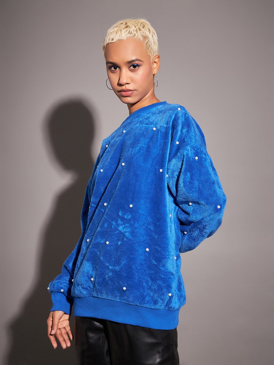 Relaxed Fit Fleece Faux Fur Pearl Stud Sweatshirt