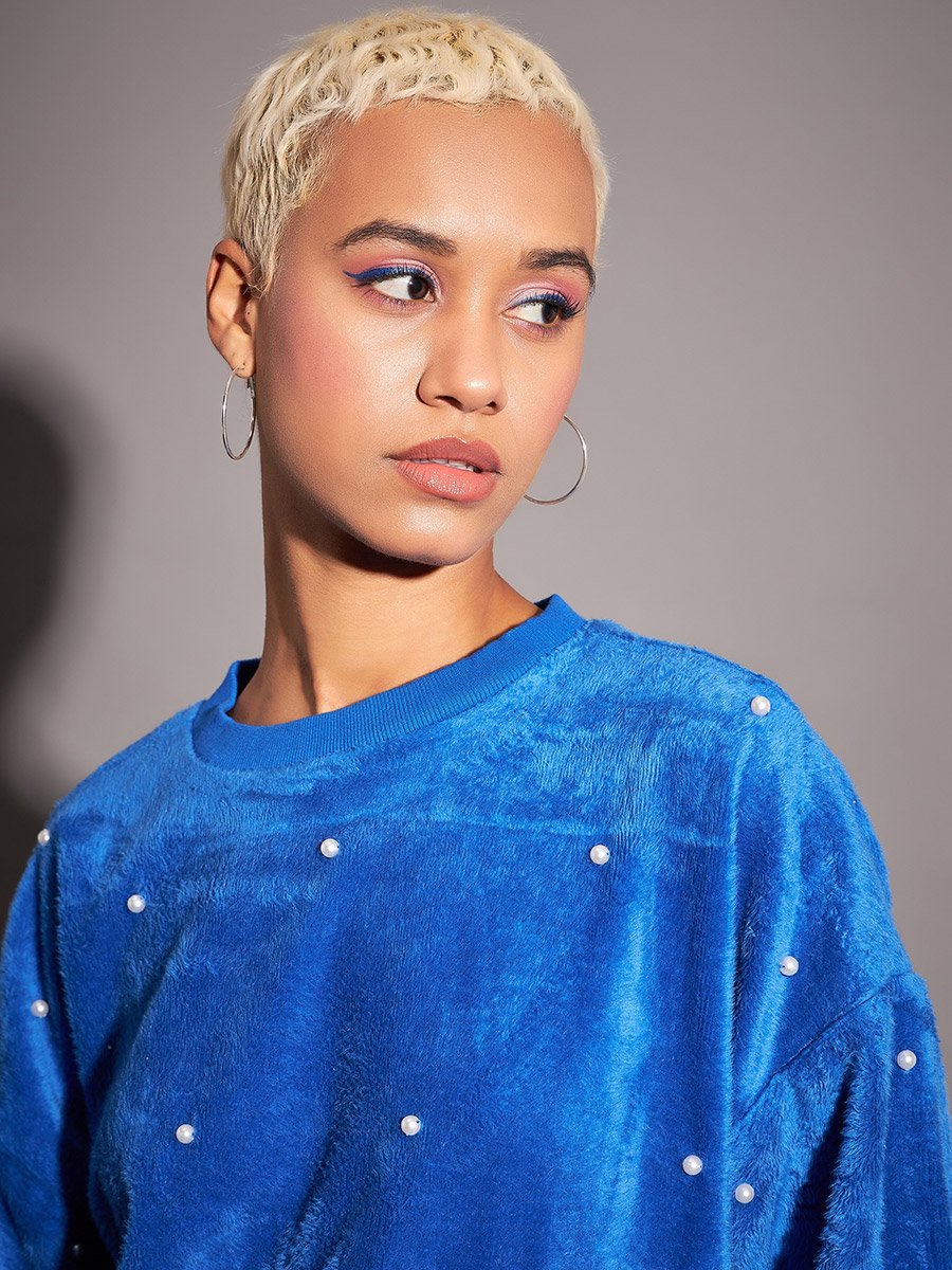 Relaxed Fit Fleece Faux Fur Pearl Stud Sweatshirt