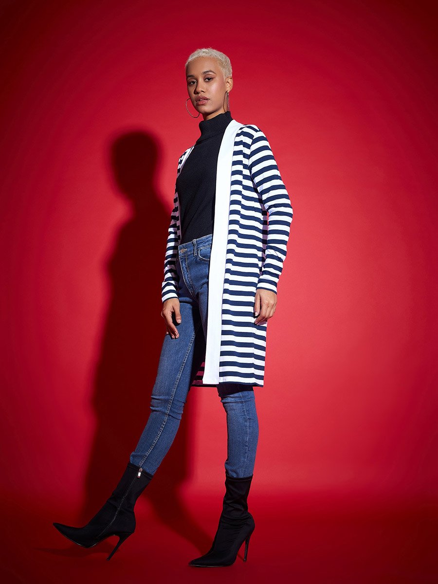 Striped Front Open Knit Shrug