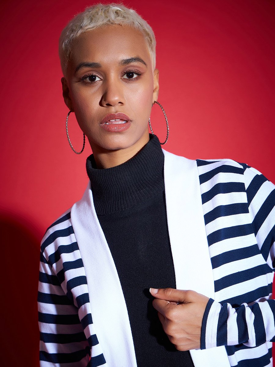Striped Front Open Knit Shrug