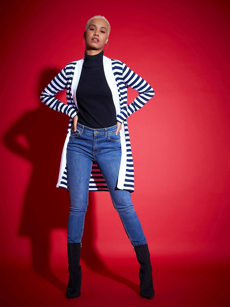 Striped Front Open Knit Shrug