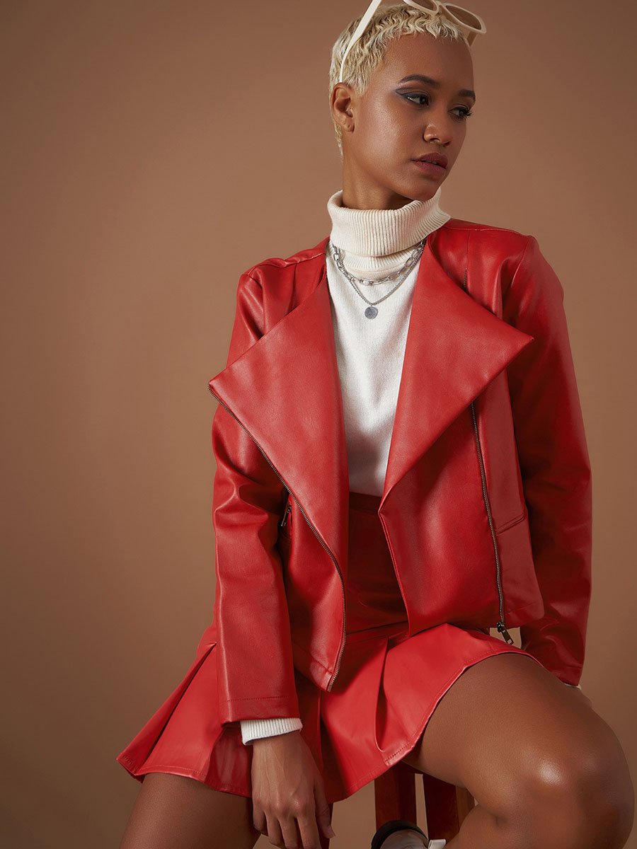 Leather Look Wrap Front Biker Jacket
